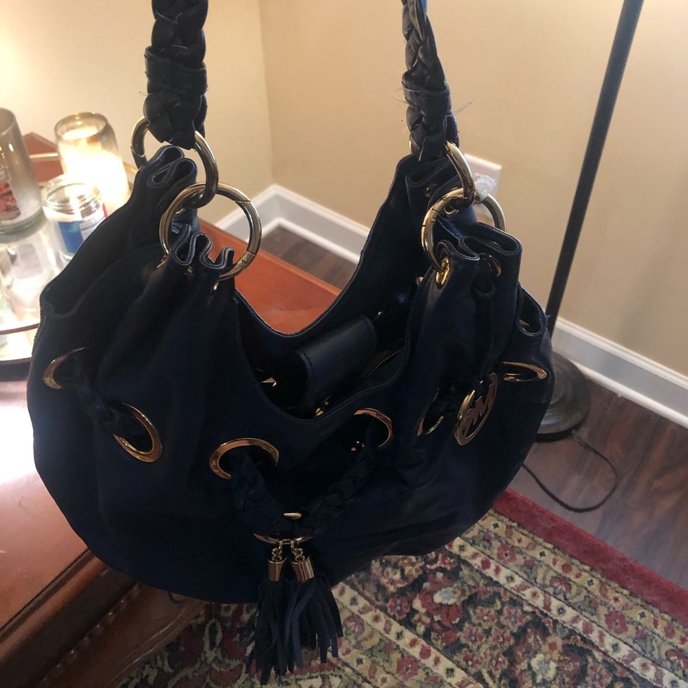 Navy and Gold Leather Michael Kors Hobo Bag